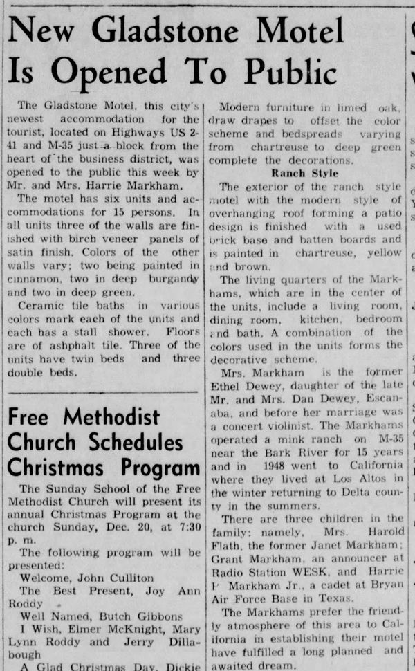 Gladstone Motel - Dec 18 1953 Opening Article (newer photo)